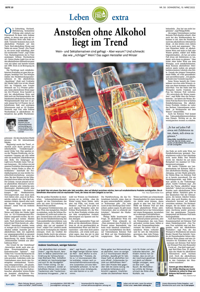 ANSTOSSEN OHNE ALKOHOL LIEGT IM TREND (RHEIN ZEITUNG KOBLENZ)